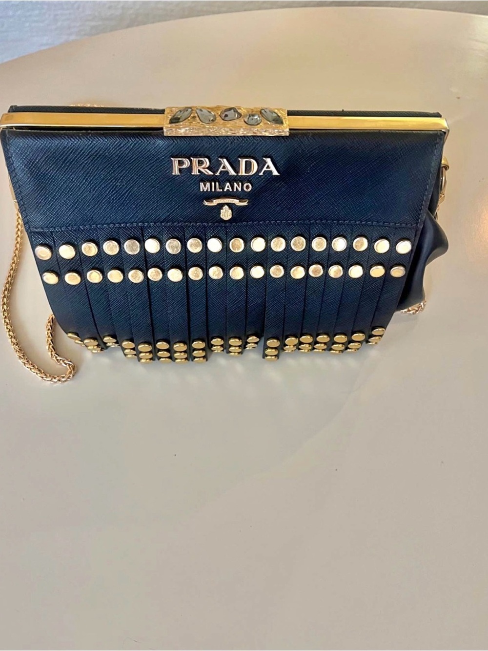 💛Prada 🖤Classic Gold & Black 🖤Leather Fringe Clutch with Gold Studs💛 - Picture 2 of 7